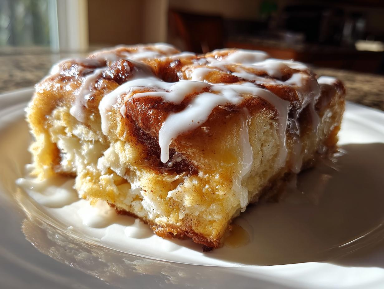 Close-up of a moist slice of Cinnamon Roll Casserole drizzled generously with white icing.
