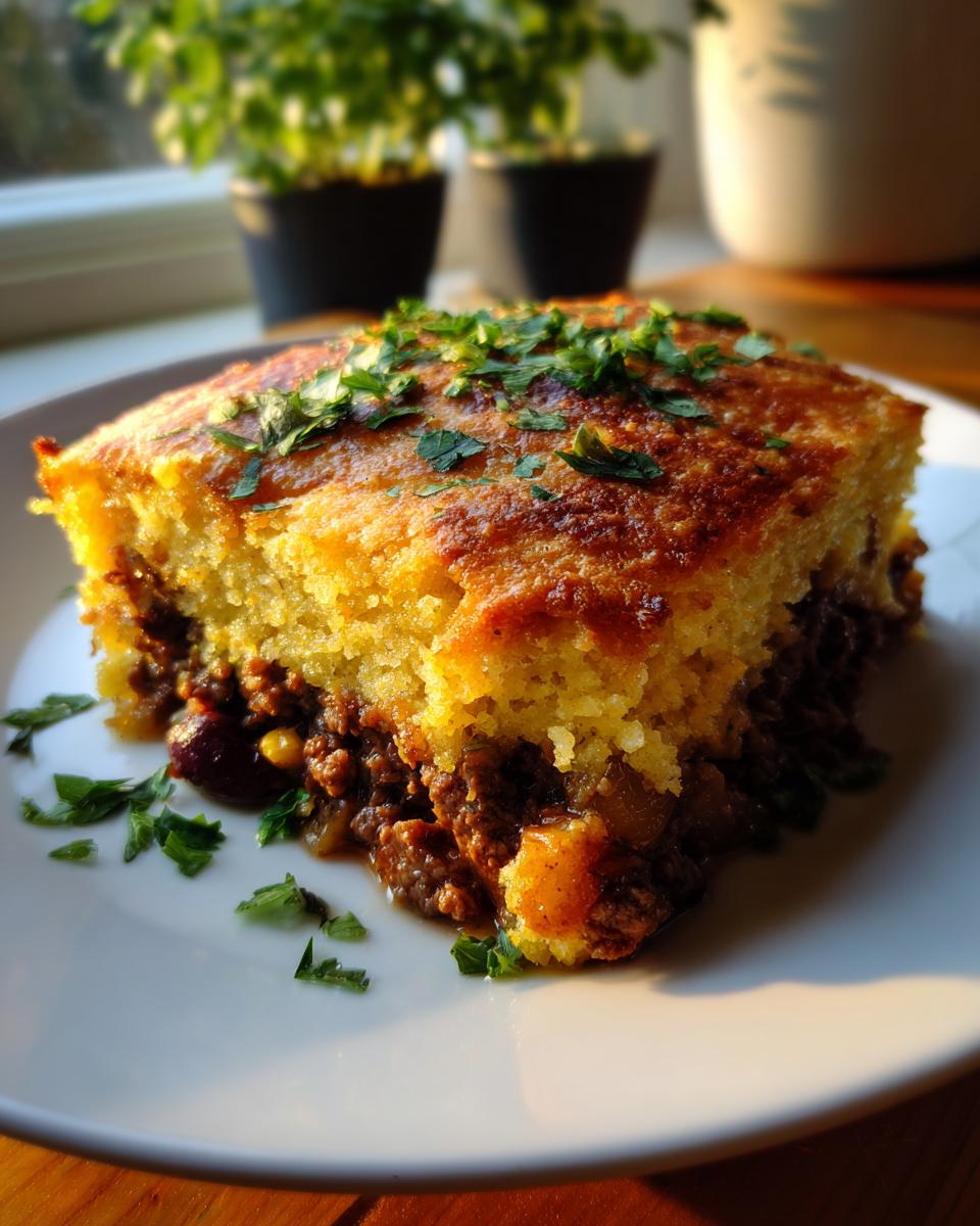 A close-up serving of cowboy cornbread casserole showing the golden cornbread top and savory meat filling, garnished with parsley.