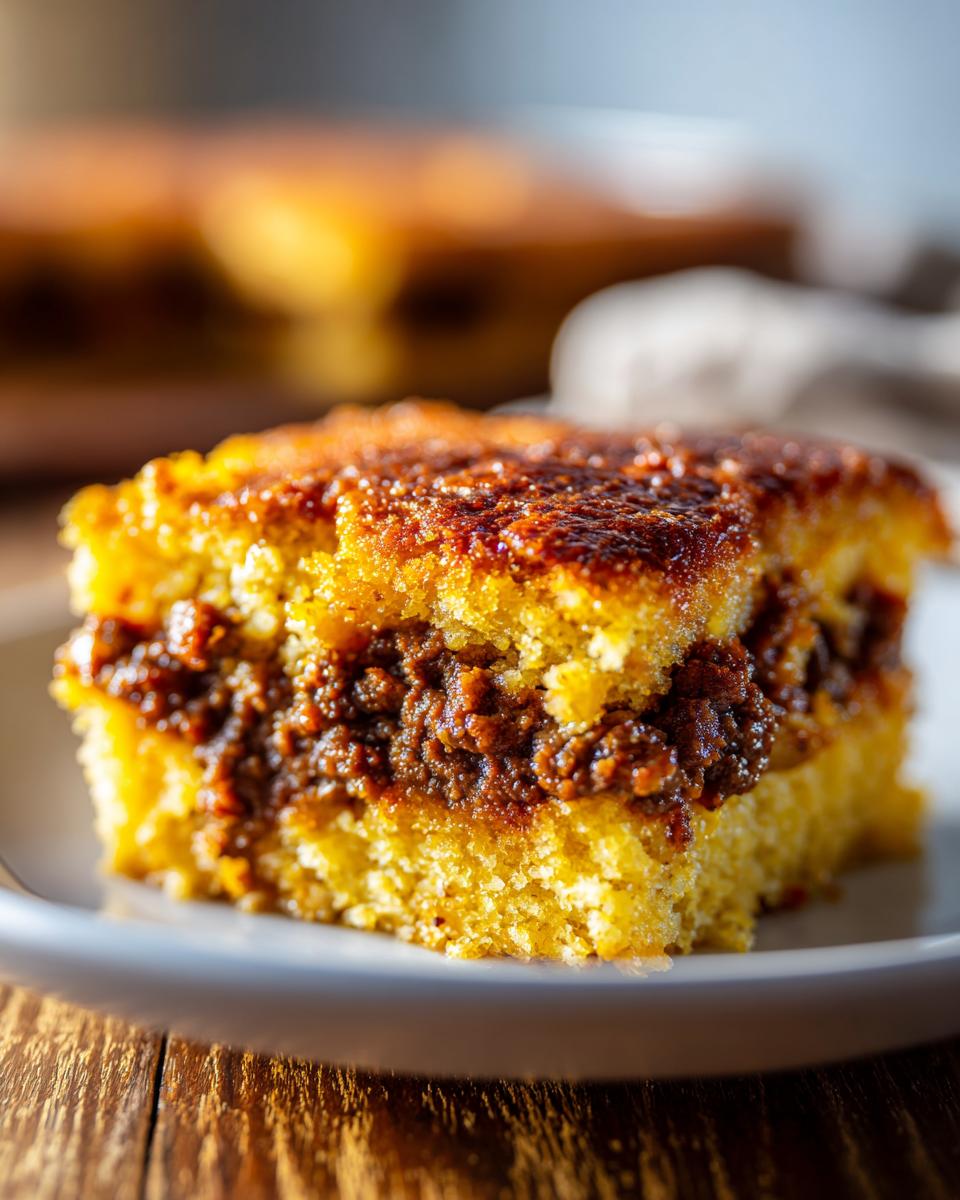 Close-up of a thick slice of cowboy cornbread casserole showing the golden cornbread layers and savory chili filling.