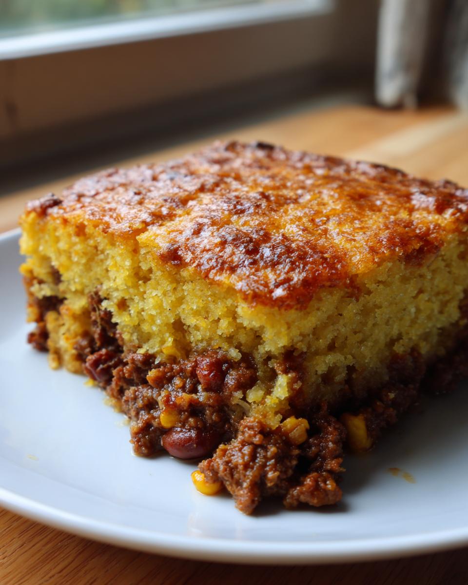 A close-up of a square slice of cowboy cornbread casserole showing the golden cornbread top and savory chili filling underneath.