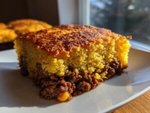Close-up of a square slice of cowboy cornbread casserole showing a thick, golden cornbread top over a savory ground meat filling.