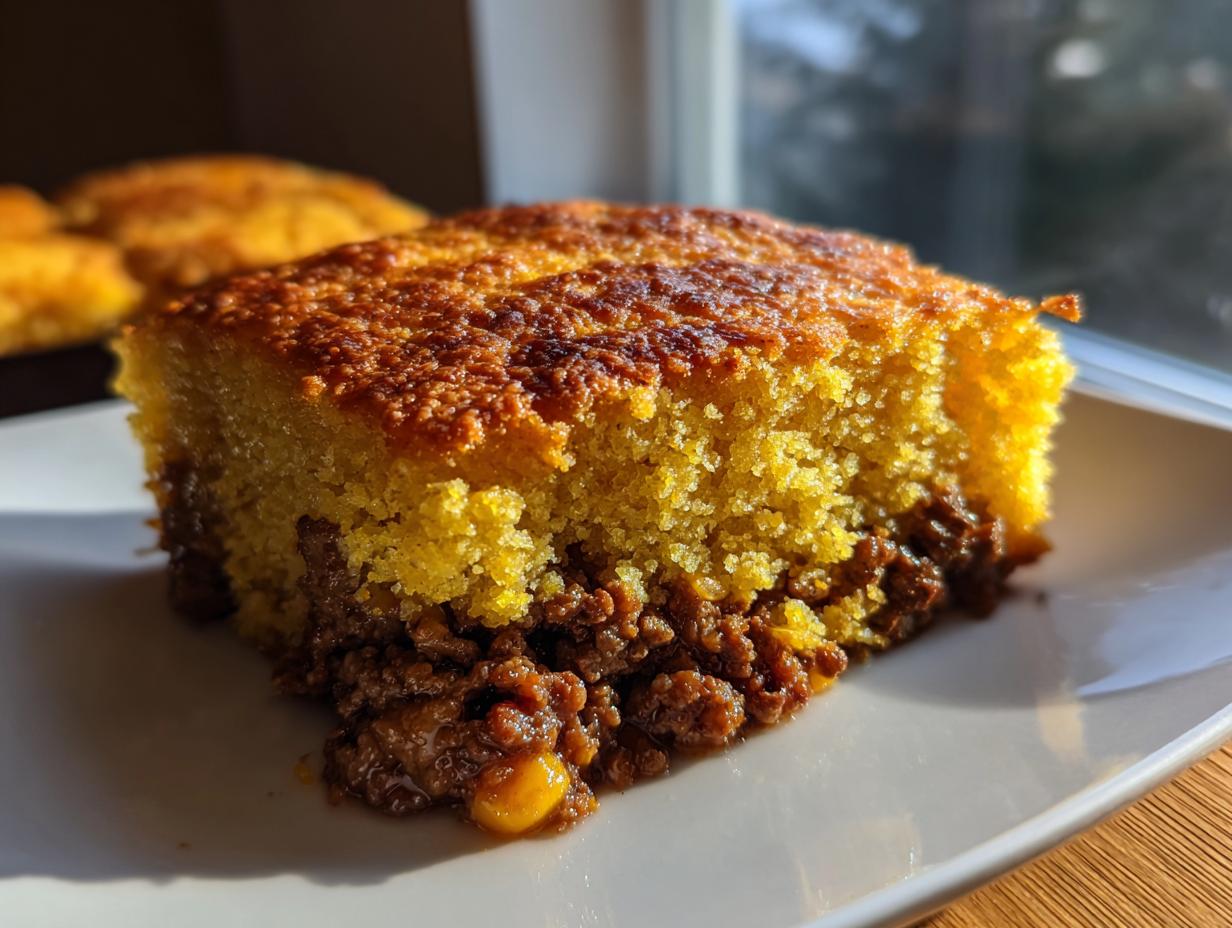 Close-up of a square slice of cowboy cornbread casserole showing a thick, golden cornbread top over a savory ground meat filling.