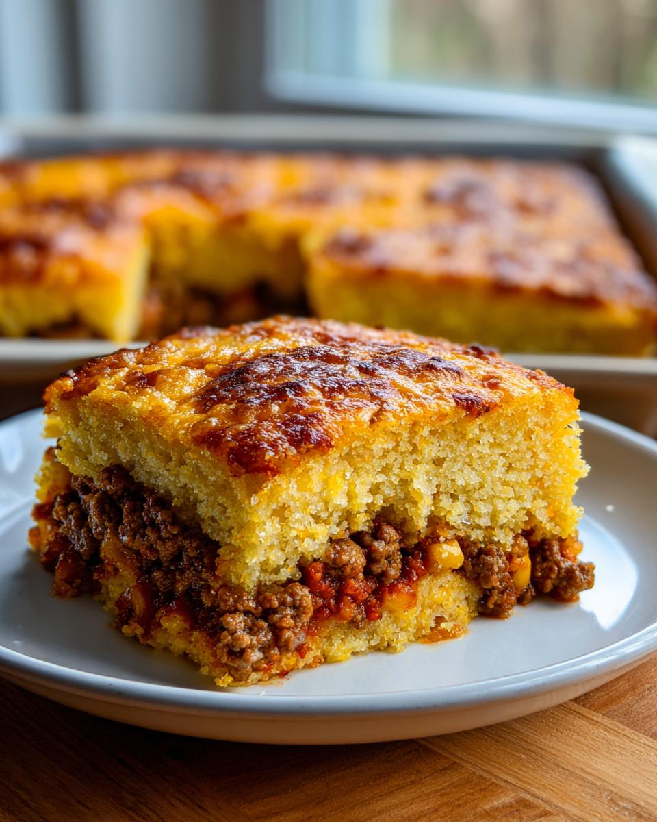A thick slice of cowboy cornbread casserole showing a savory ground meat filling between two layers of golden cornbread.