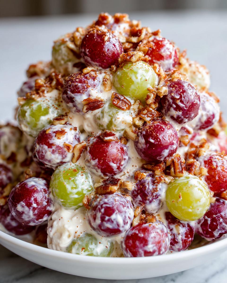 Close-up of a mound of creamy chicken salad chick grape salad, featuring red and green grapes coated in dressing and topped with pecans.