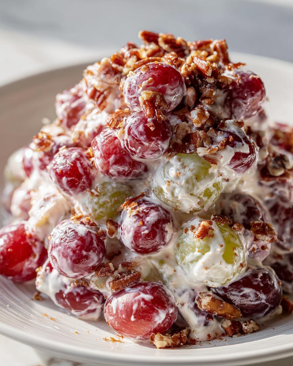 Close-up of a mound of creamy chicken salad chick grape salad, featuring red and green grapes coated in dressing and topped with chopped pecans.