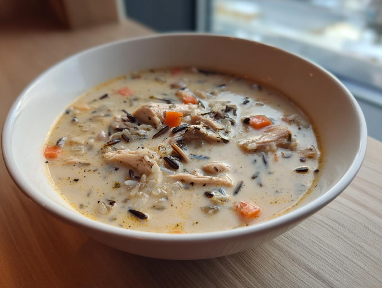 Close-up of a creamy chicken wild rice soup with visible wild rice grains and diced carrots in a white bowl.