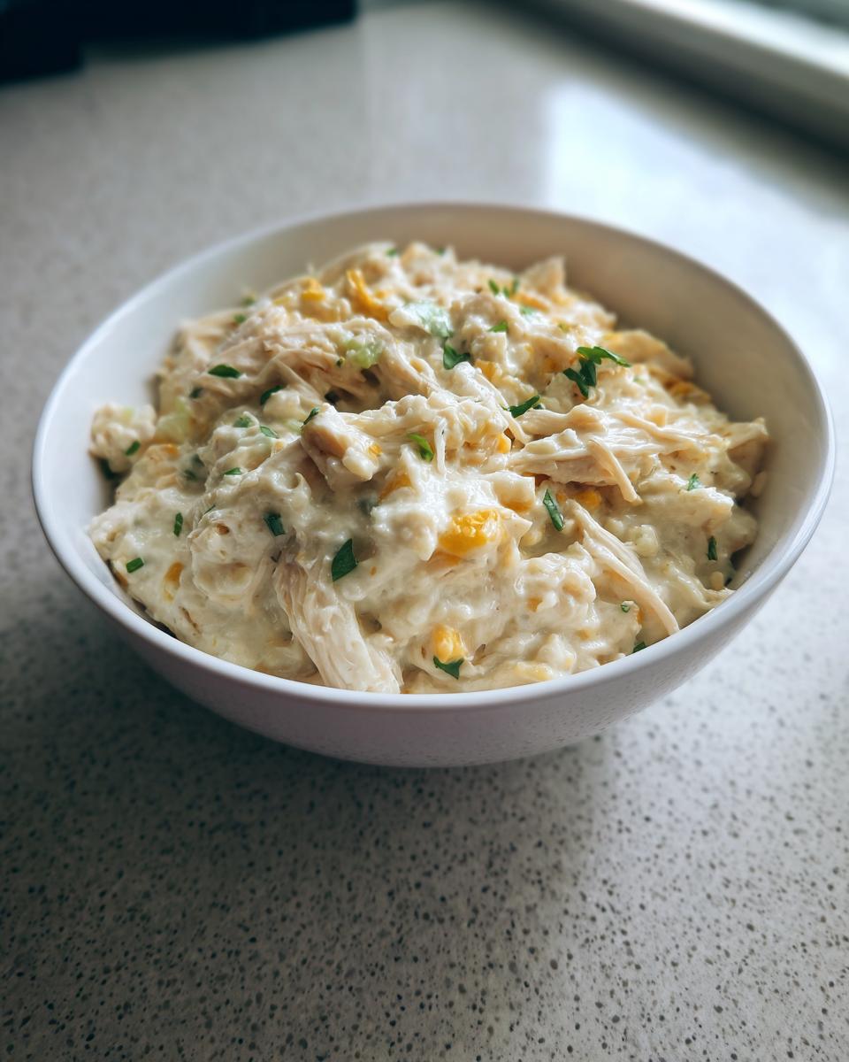 A close-up of a bowl filled with creamy crockpot white chicken chili, showing shredded chicken, corn, and green herbs.