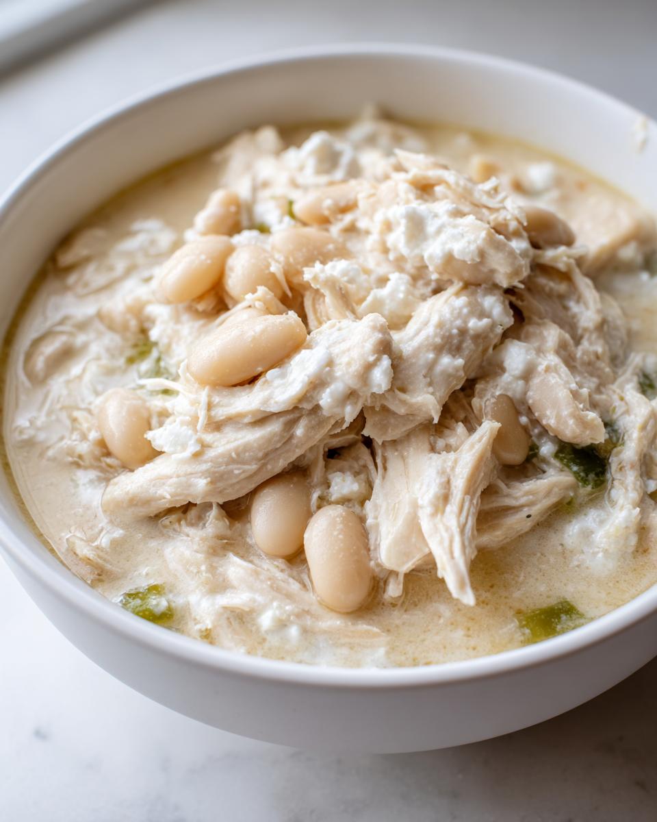 A close-up of a bowl filled with creamy crockpot white chicken chili featuring shredded chicken, white beans, and cheese.