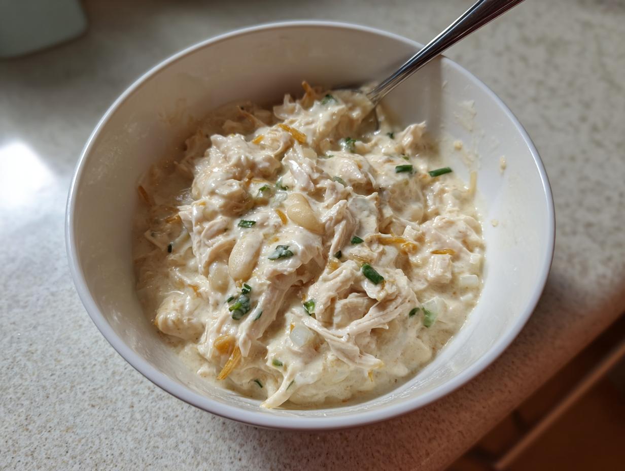 A close-up view of a white bowl filled with creamy crockpot white chicken chili, showing shredded chicken, beans, and green onions.
