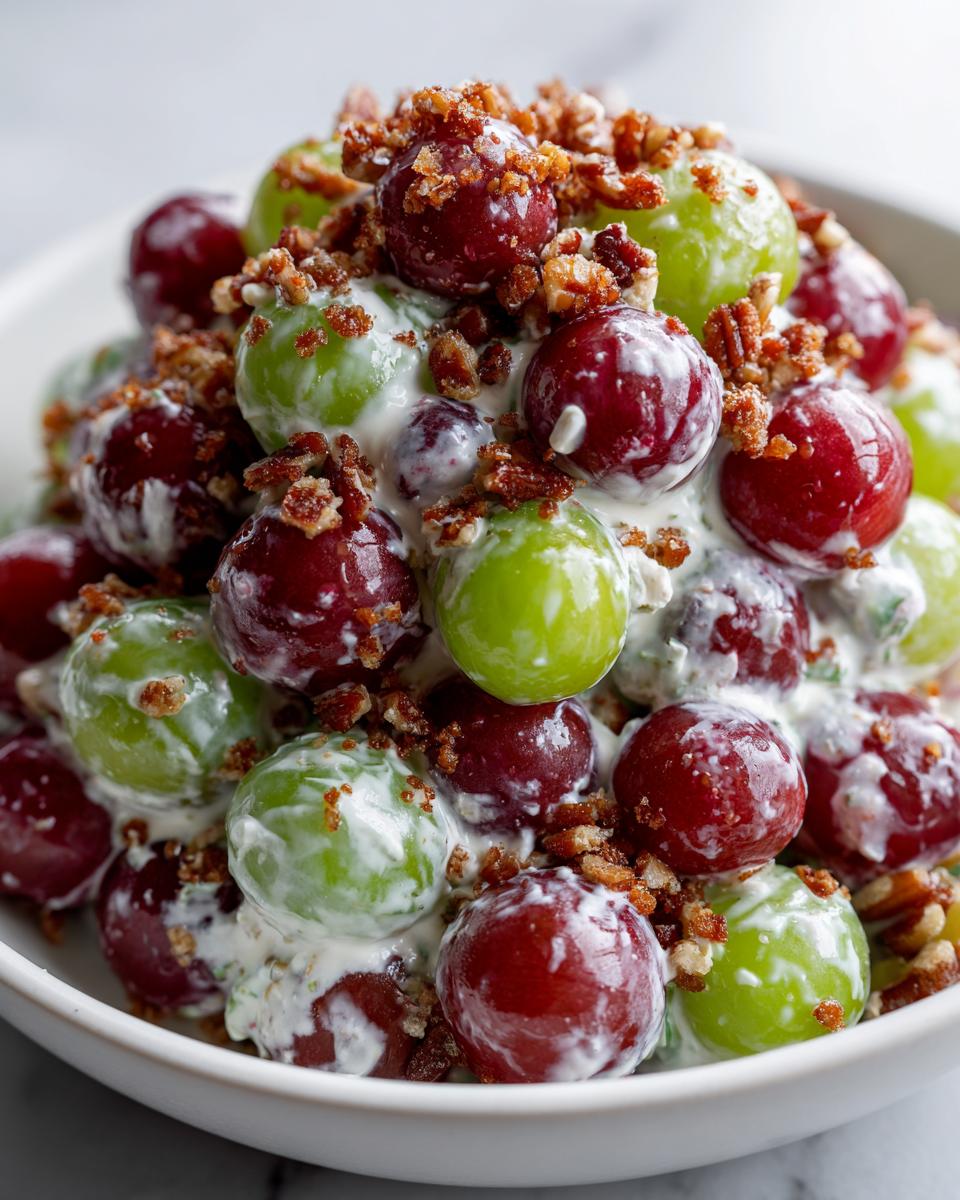 A close-up of creamy chicken salad chick grape salad featuring red and green grapes coated in a white dressing and topped with crunchy pecans.