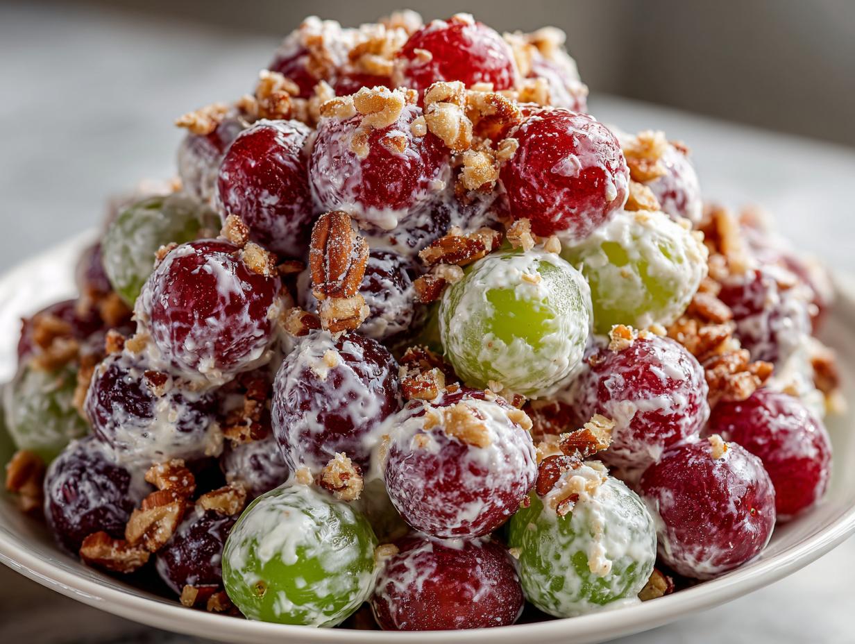 A mound of creamy chicken salad chick grape salad featuring red and green grapes coated in a sweet dressing and topped with chopped pecans.