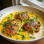 Three pieces of golden-brown chicken simmering in a rich, creamy lemon sauce, garnished with fresh parsley.