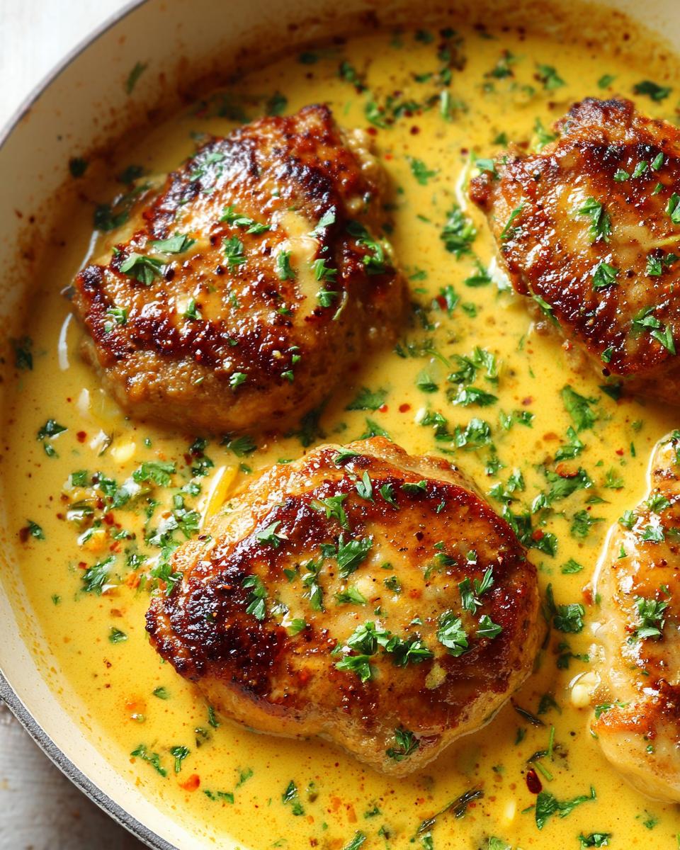 Close-up of seared chicken pieces simmering in a rich, yellow creamy lemon chicken sauce, garnished with parsley.