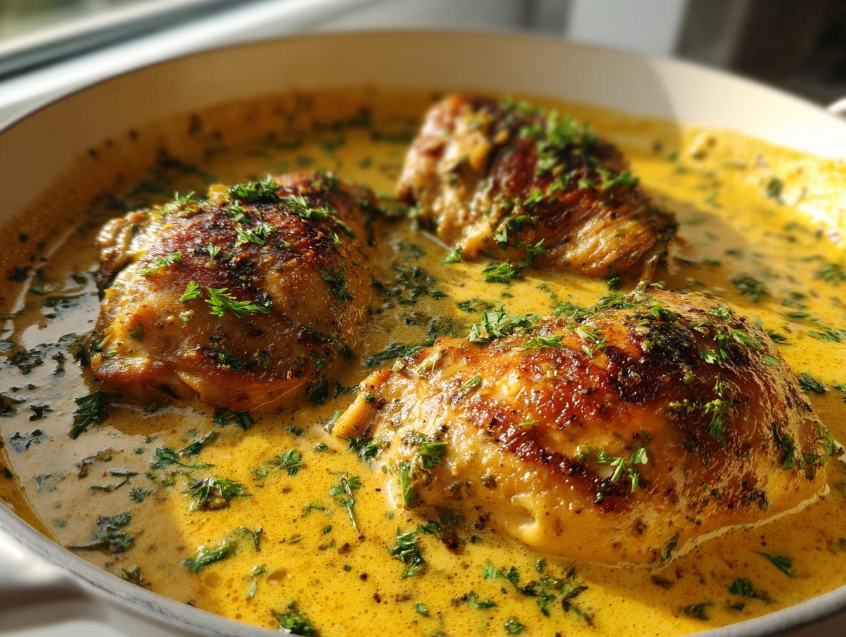 Three pieces of golden brown chicken simmering in a rich, yellow creamy lemon chicken sauce, garnished with parsley.