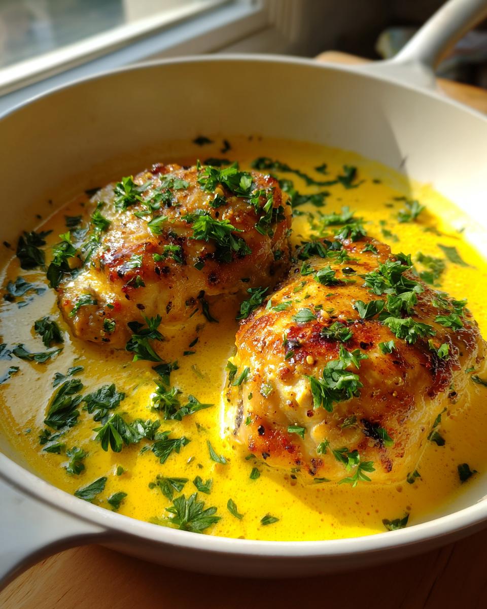 Two golden-brown chicken breasts simmering in a bright yellow creamy lemon chicken sauce, topped with fresh parsley.