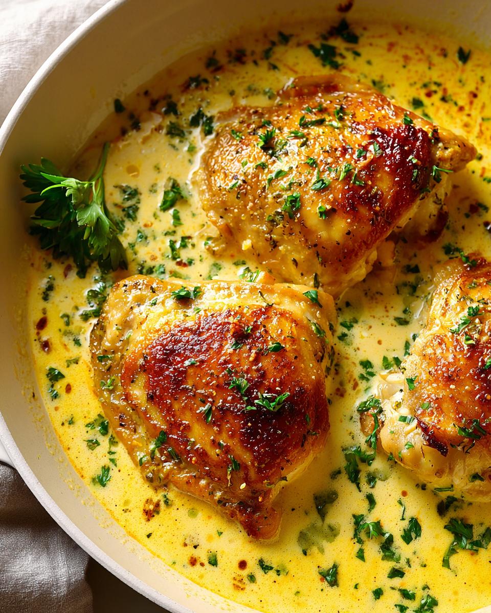 Three golden-brown chicken thighs simmering in a rich, yellow creamy lemon chicken sauce, garnished with fresh parsley.
