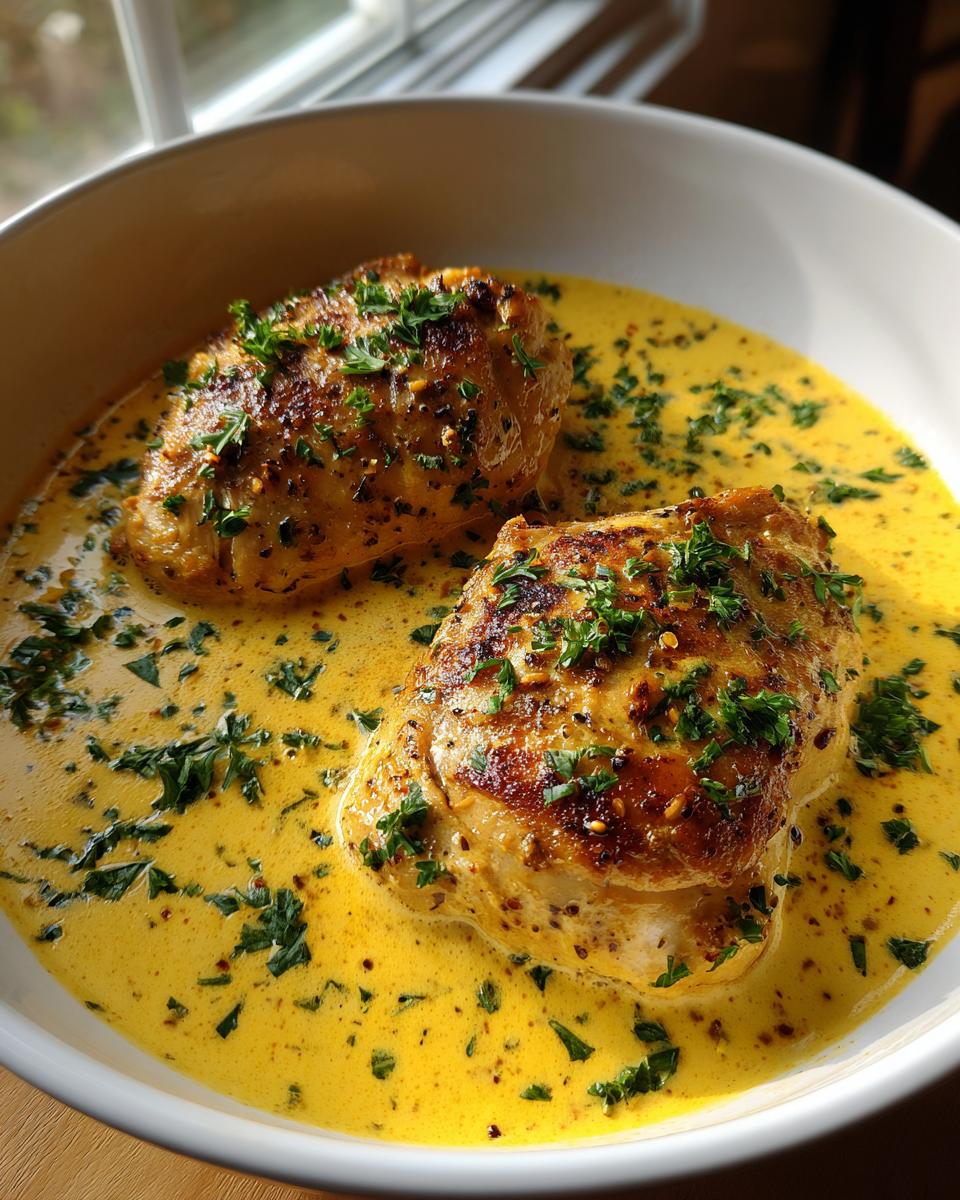 Two seared chicken breasts swimming in a vibrant, creamy lemon sauce, garnished with fresh parsley.