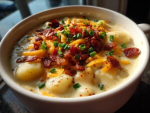 Close-up of a creamy potato soup recipe served in a white bowl, generously topped with shredded cheddar cheese, crumbled bacon, and fresh chives.