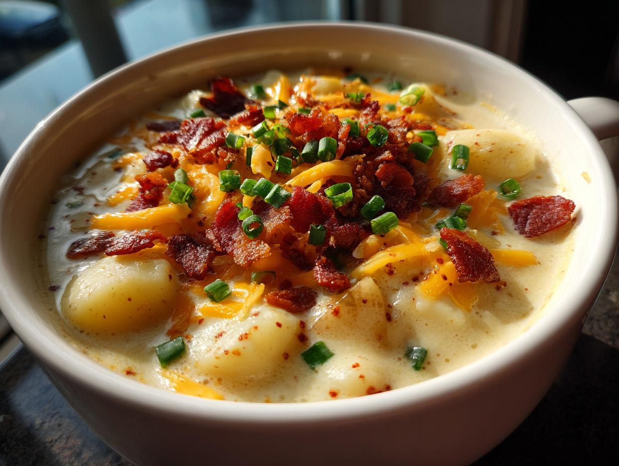 Close-up of a creamy potato soup recipe served in a white bowl, generously topped with shredded cheddar cheese, crumbled bacon, and fresh chives.