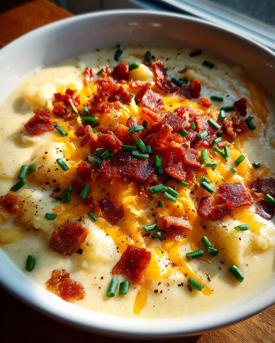 Close-up of a creamy bowl of potato soup recipe topped with cheddar cheese, bacon bits, and fresh chives.