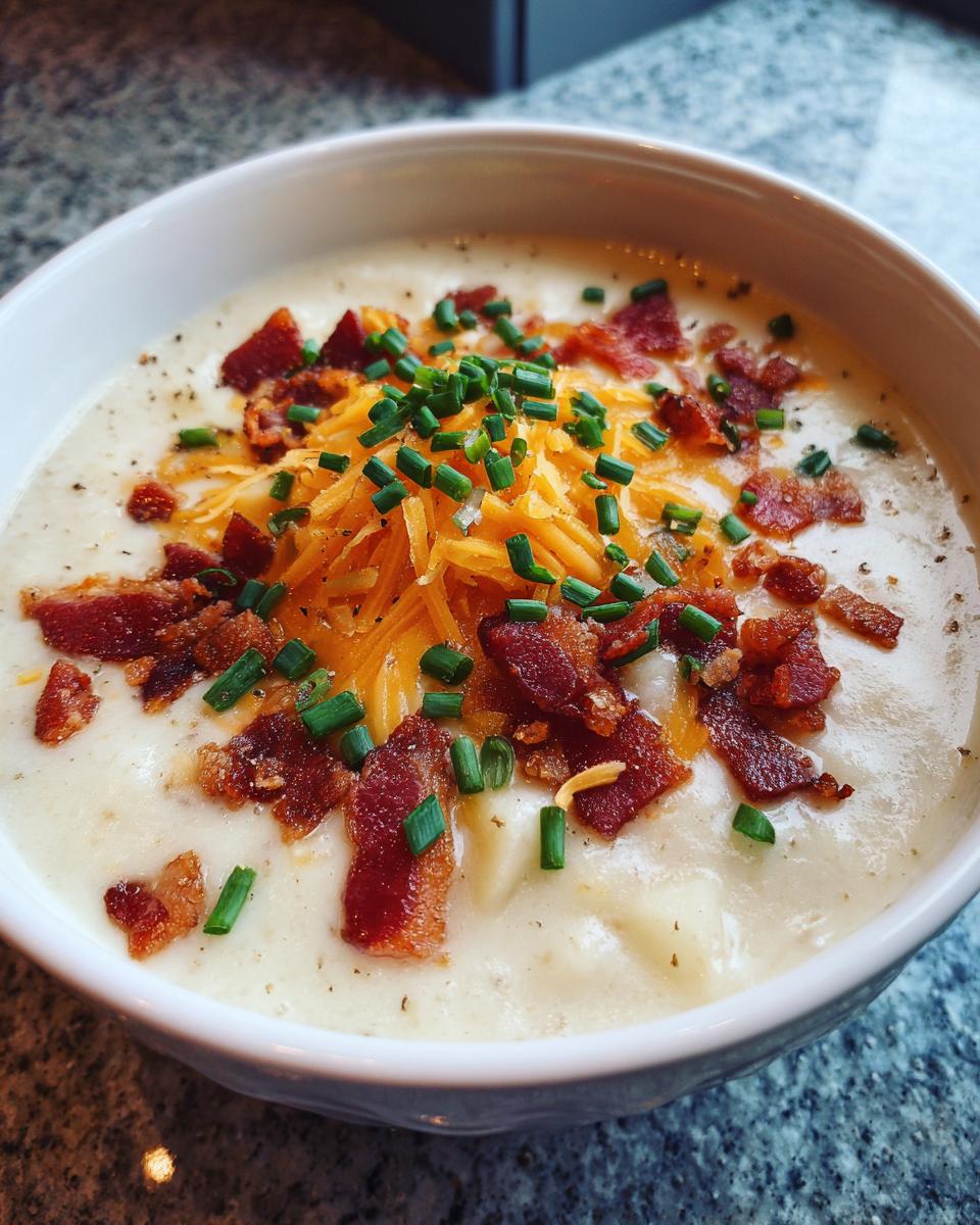 Close-up of a bowl of creamy potato soup recipe, generously topped with shredded cheddar cheese, crispy bacon bits, and fresh chives.