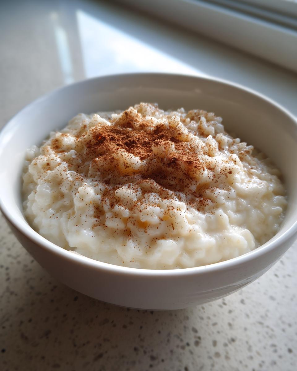 Close-up of creamy rice pudding served in a white bowl, generously sprinkled with ground cinnamon.