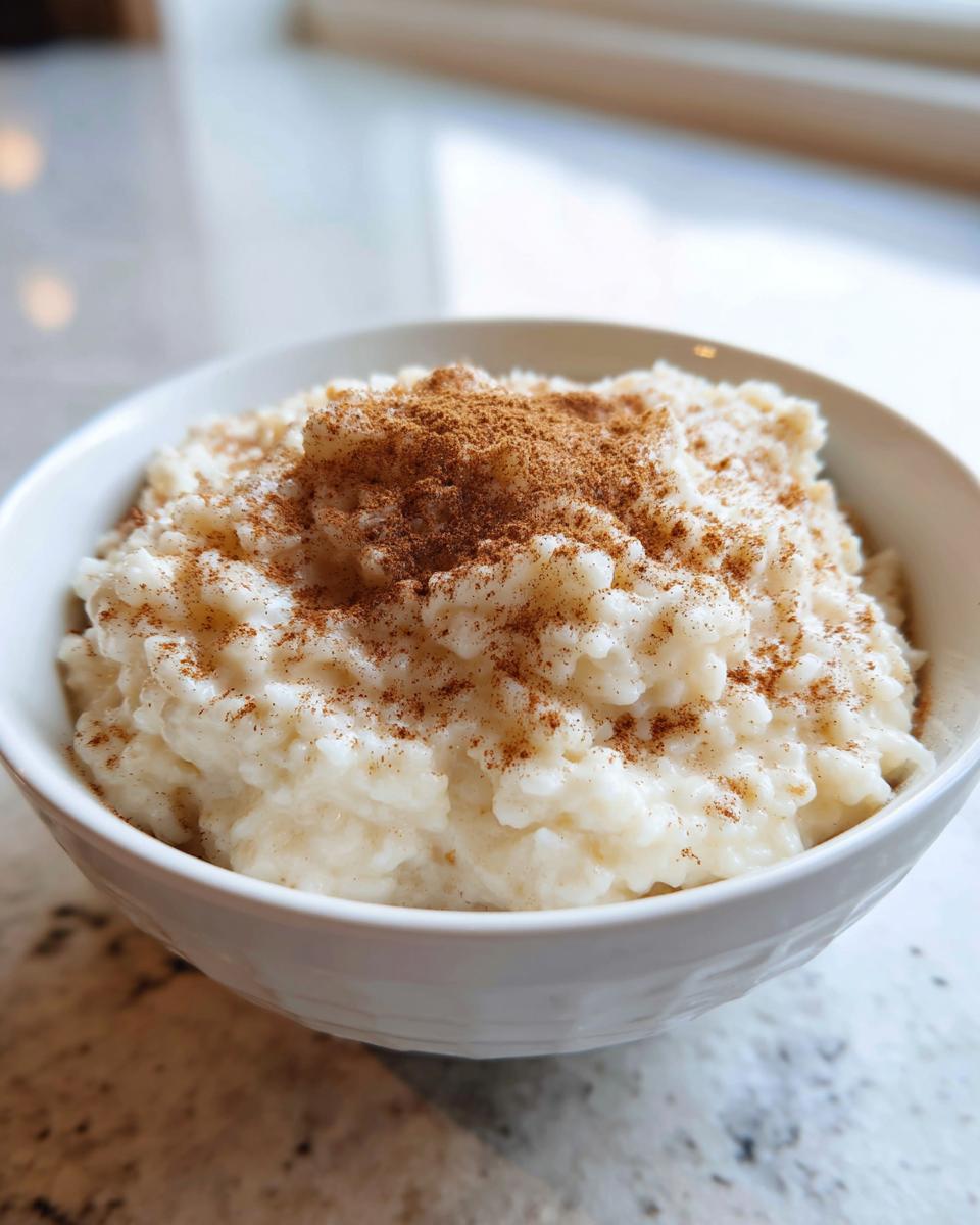 A close-up of creamy rice pudding topped generously with ground cinnamon in a white bowl.