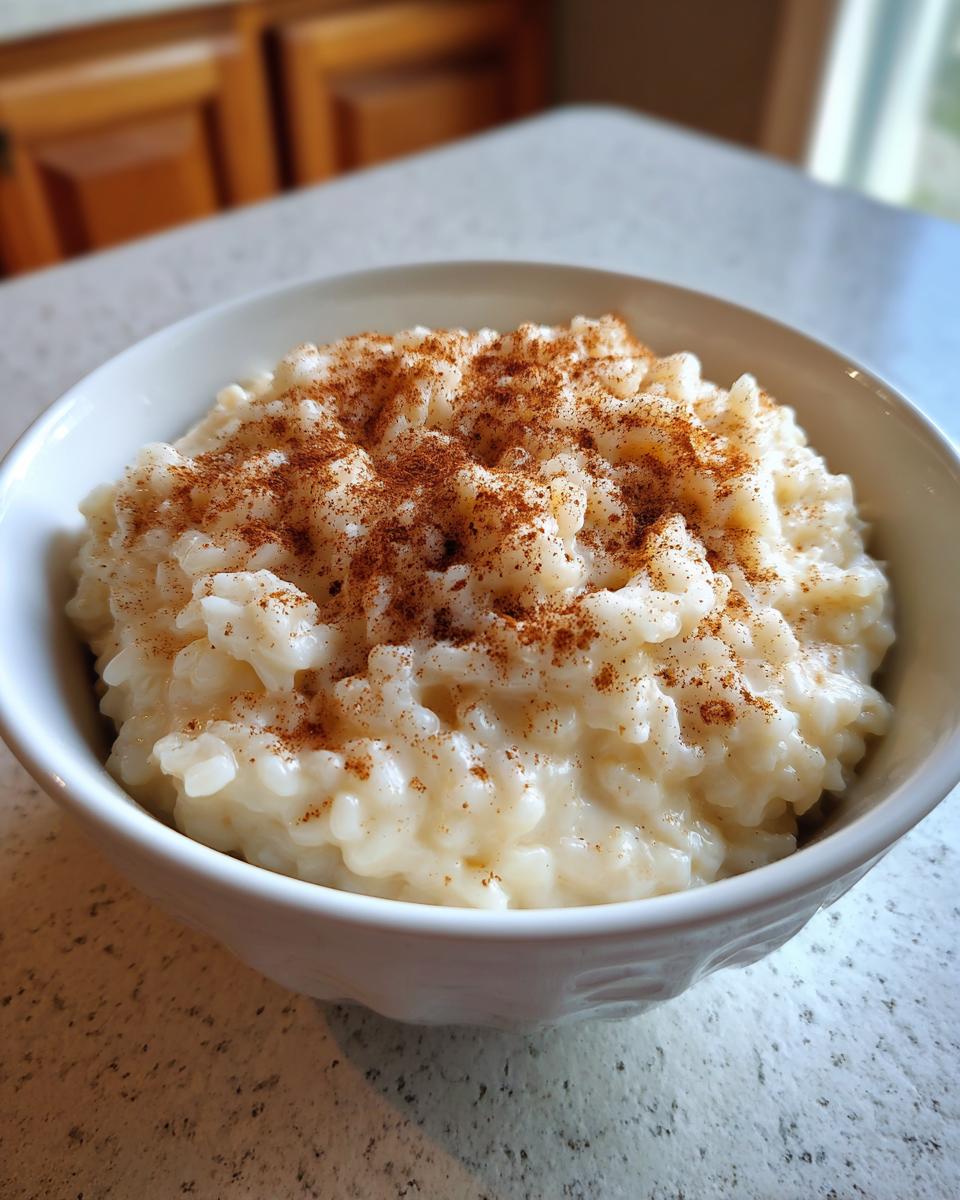 A close-up of creamy rice pudding served in a white bowl, generously dusted with cinnamon.