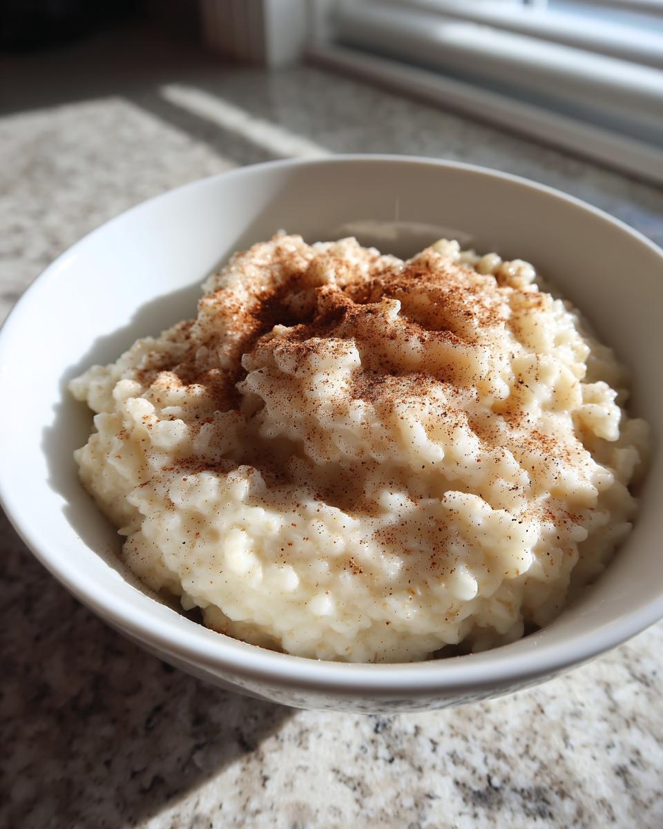 Close-up of creamy rice pudding in a white bowl, generously dusted with ground cinnamon.