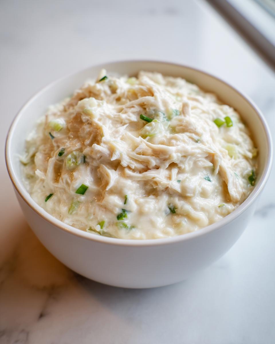 Close-up of a white bowl filled with creamy, shredded chicken mixture, likely the crockpot white chicken chili base, topped with green onions.