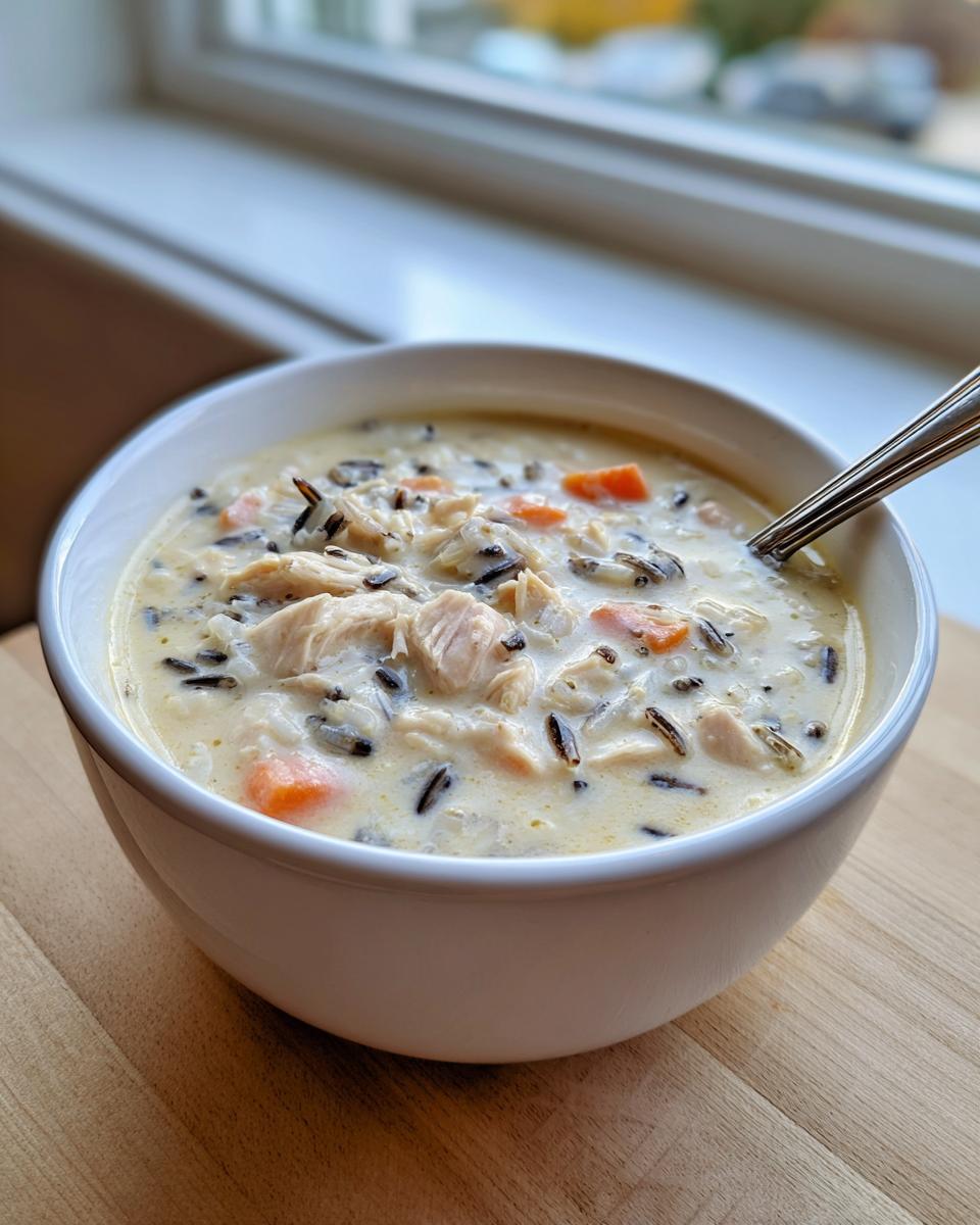 A close-up of a creamy wild rice soup filled with chunks of chicken and diced carrots, served in a white bowl.