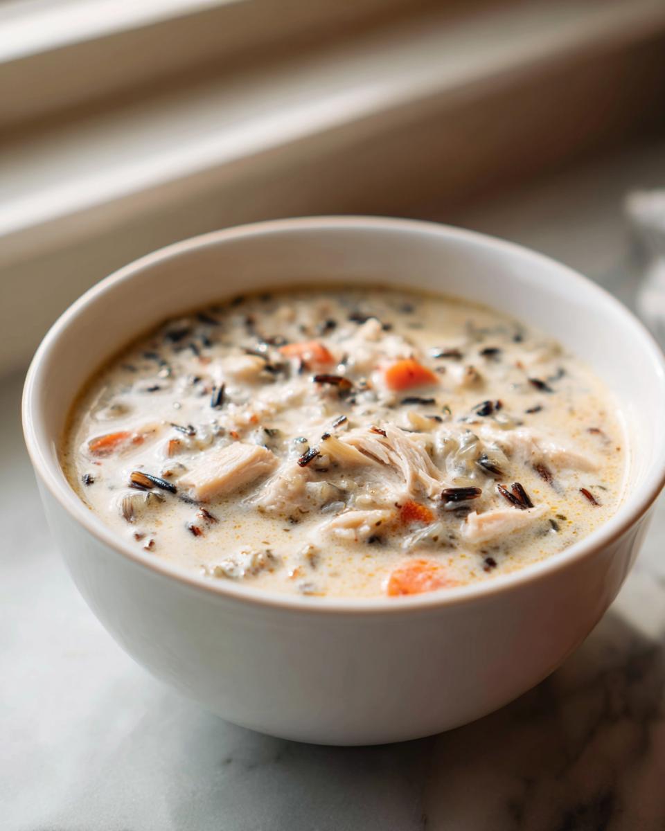 A close-up of a creamy wild rice soup featuring shredded chicken and visible pieces of carrot in a white bowl.