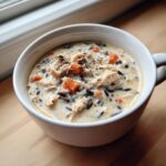 Close-up of a creamy wild rice soup filled with shredded chicken, diced carrots, and topped with herbs.