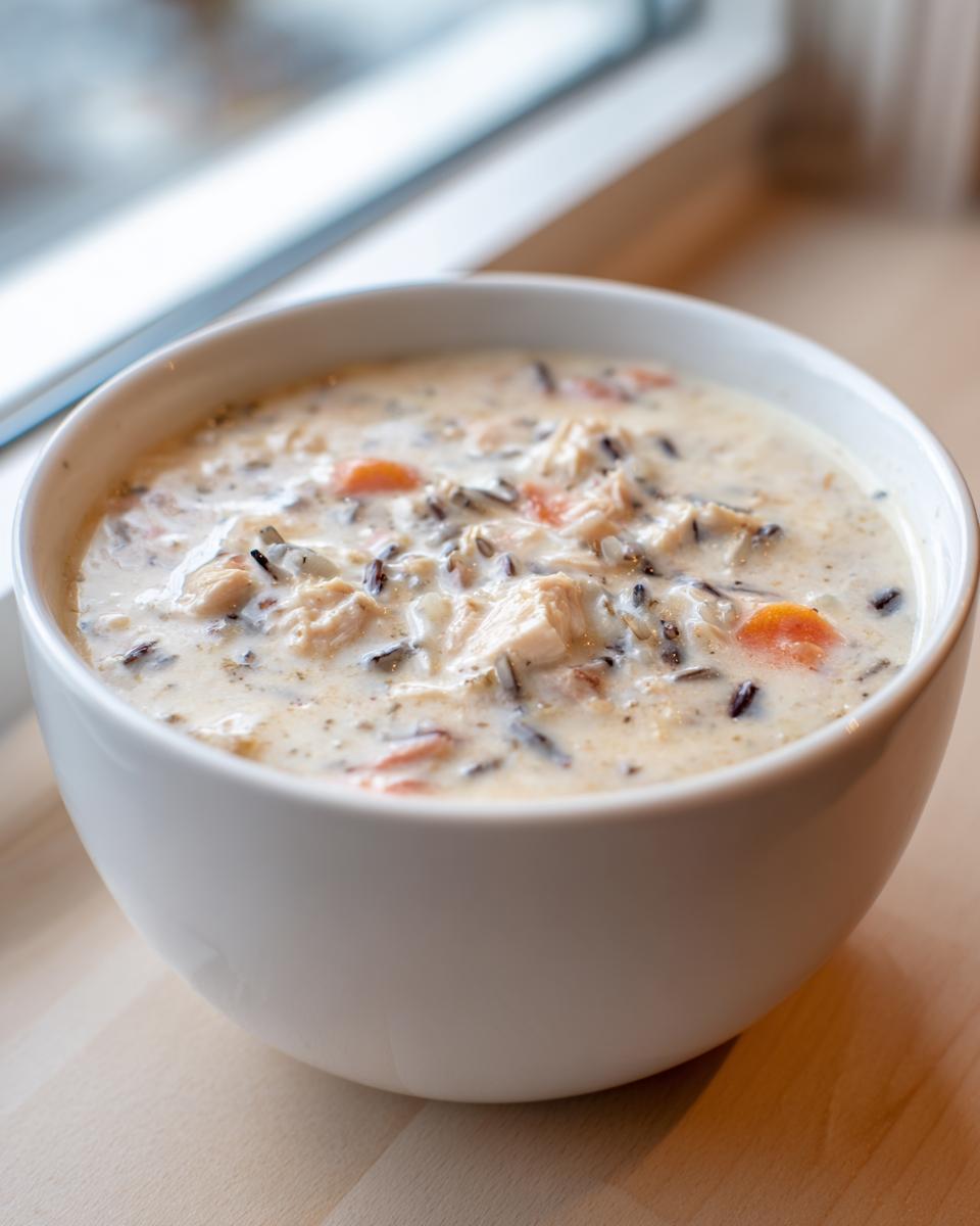 Close-up of a creamy wild rice soup with chunks of chicken and carrots in a white bowl.