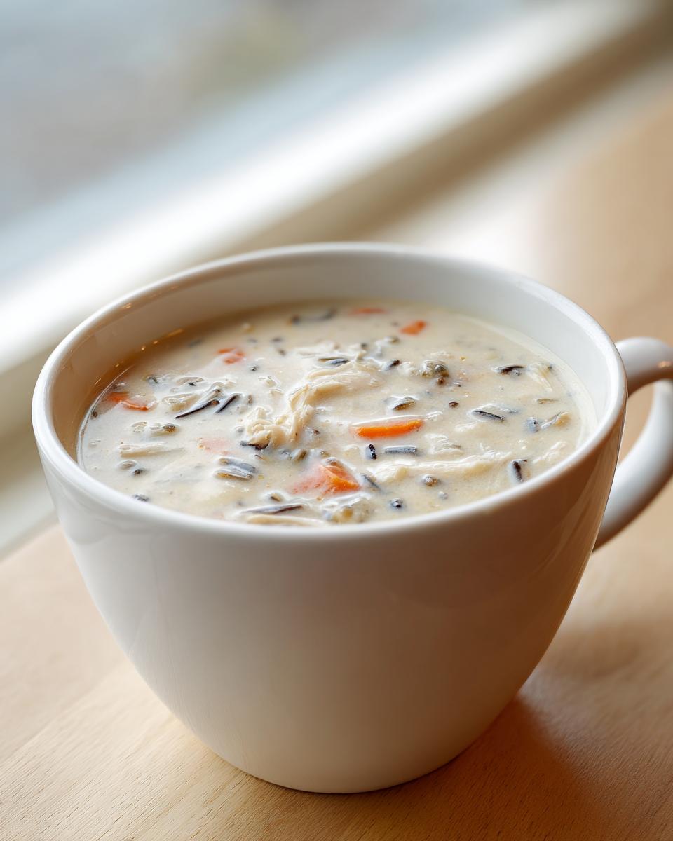 Close-up of a creamy wild rice soup with visible chunks of chicken and carrots in a white mug.