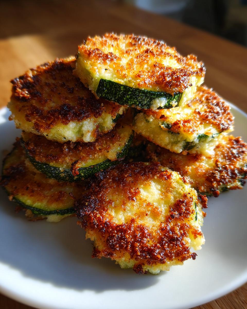 A stack of golden brown, crispy baked parmesan zucchini slices piled on a white plate.