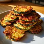 A close-up stack of golden brown, crispy baked parmesan zucchini slices on a white plate.