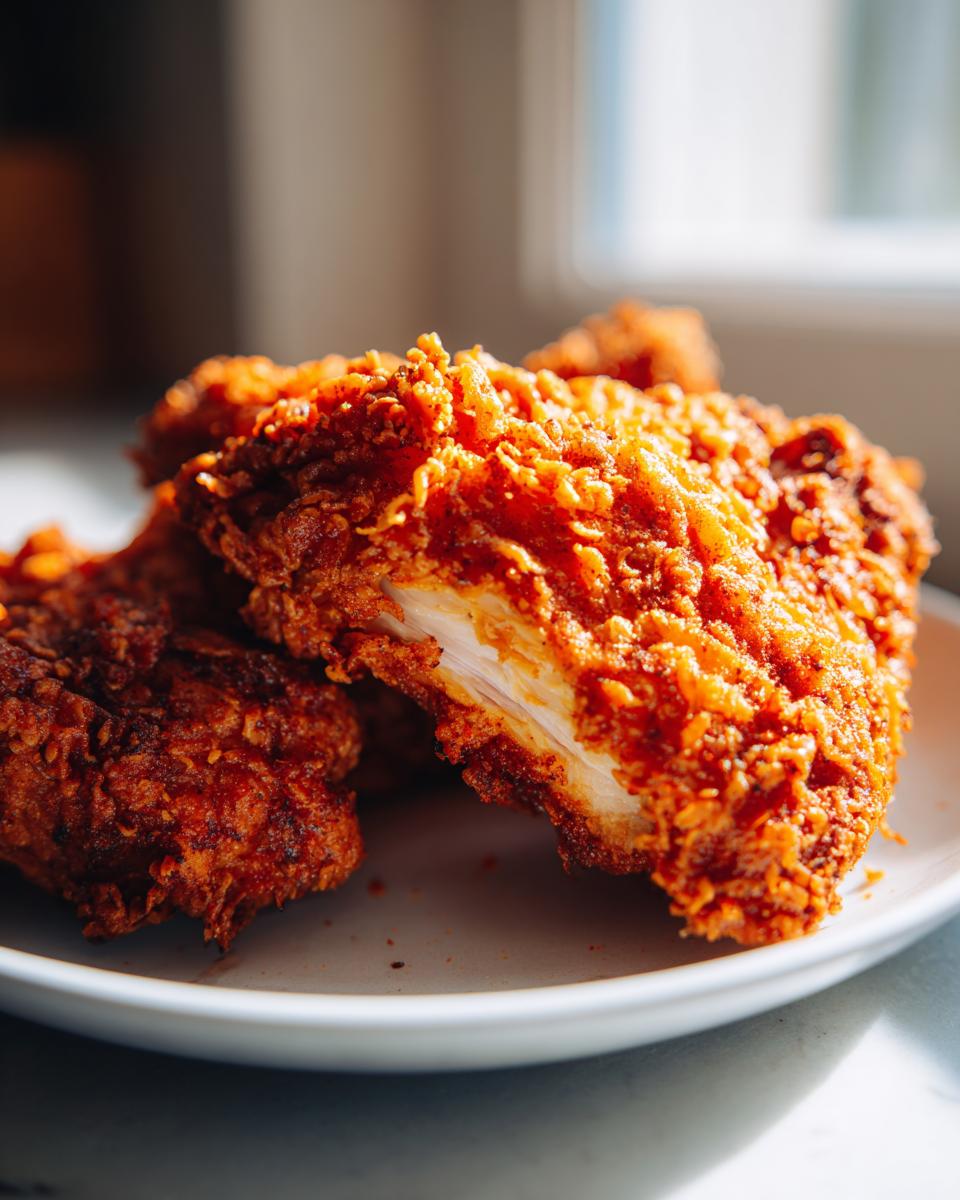 Close-up of two pieces of deeply golden and crispy fried chicken, showing the white meat inside one piece.