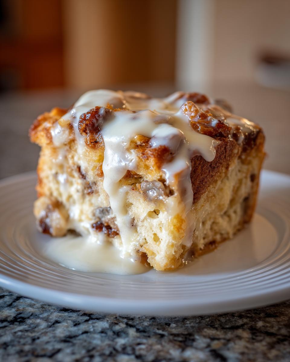 A close-up of a square slice of moist bread pudding topped with thick vanilla glaze dripping down the sides.
