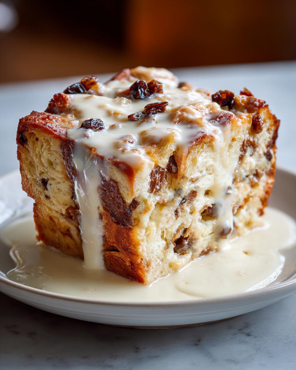 A thick slice of custardy bread pudding loaded with raisins, topped with vanilla sauce.
