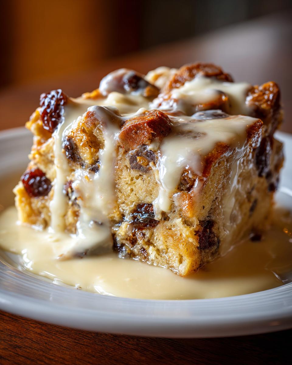 Close-up of a square slice of rich bread pudding loaded with raisins, covered in creamy vanilla sauce.