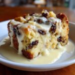 A close-up of a moist slice of bread pudding loaded with raisins, topped with a generous pour of vanilla sauce.