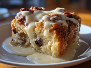 Close-up of a moist slice of bread pudding loaded with raisins and topped generously with creamy vanilla sauce.