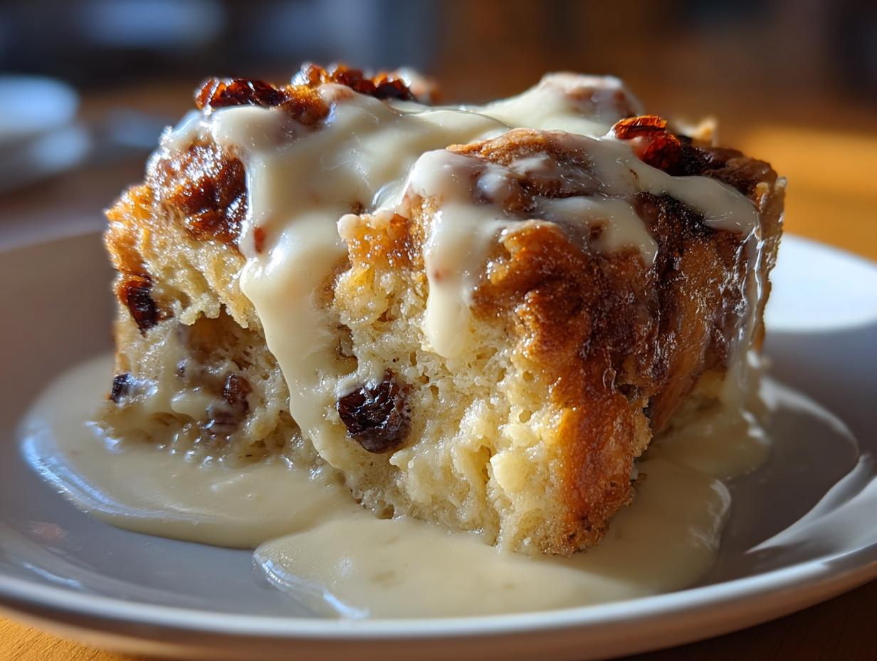 Close-up of a moist slice of bread pudding loaded with raisins and topped generously with creamy vanilla sauce.