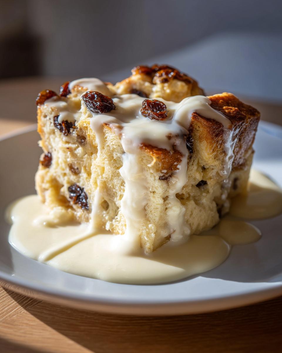 A close-up of a square slice of moist bread pudding, studded with raisins and topped with a thick vanilla sauce.