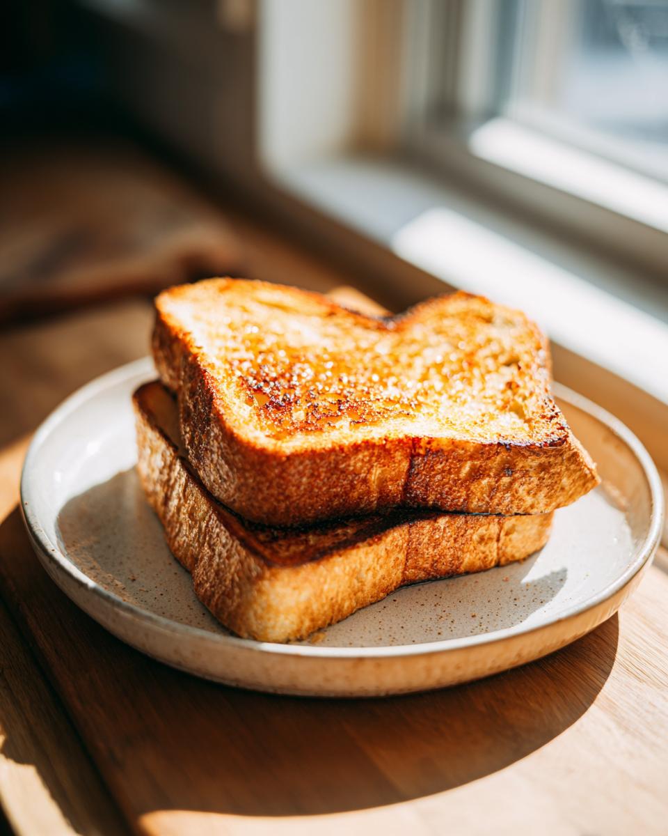 Two stacked slices of golden brown easy french toast on a speckled plate near a window.