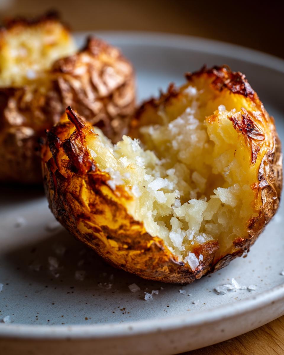 Close-up of a perfectly cooked air fryer baked potato, split open to show fluffy interior topped with coarse sea salt.