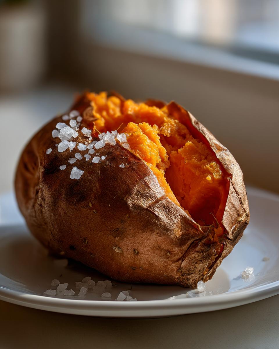 A perfectly baked sweet potato, split open to reveal fluffy orange flesh, topped with coarse sea salt.