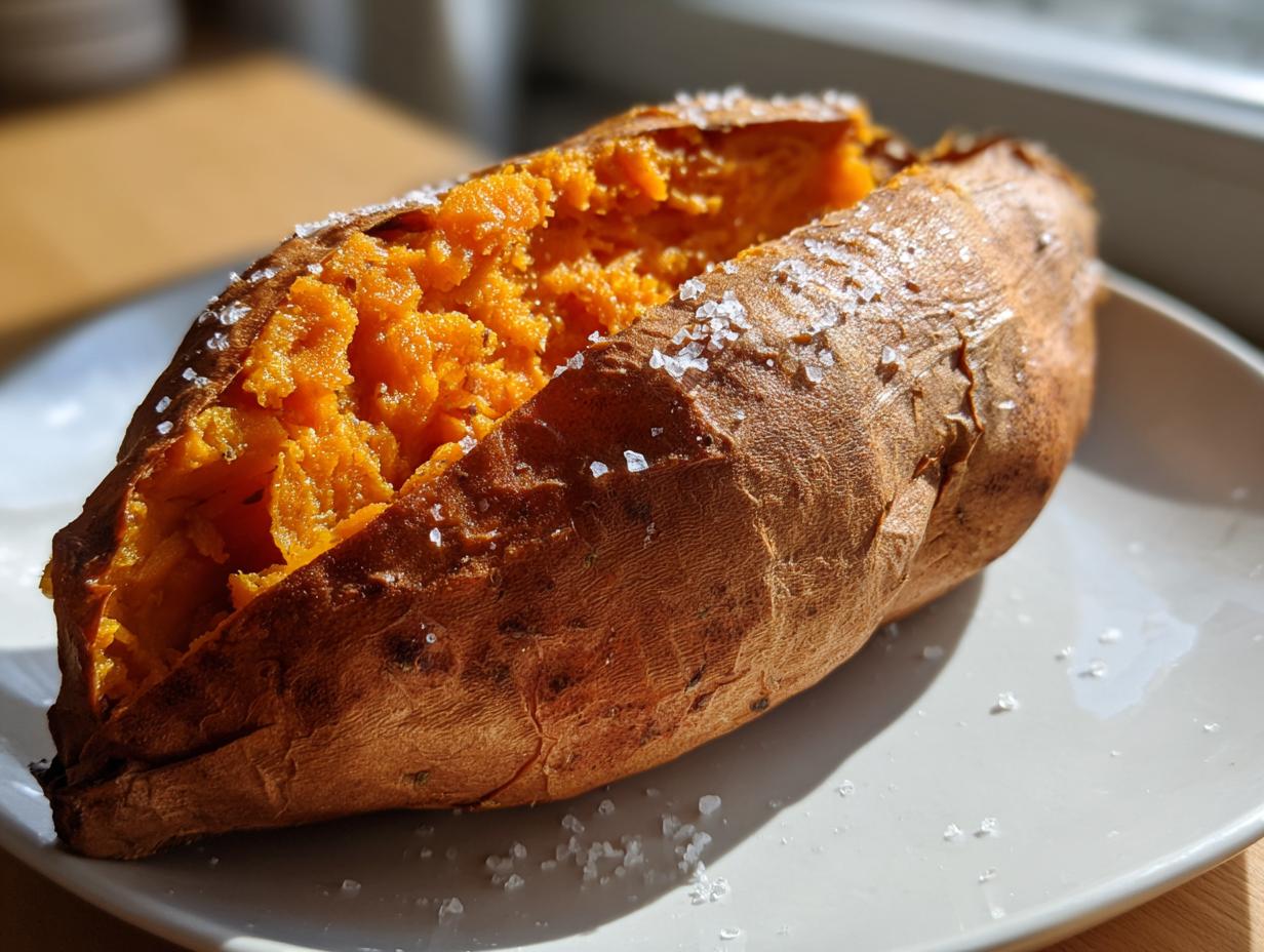 A perfectly fluffy baked sweet potato, split open and sprinkled with coarse sea salt flakes.