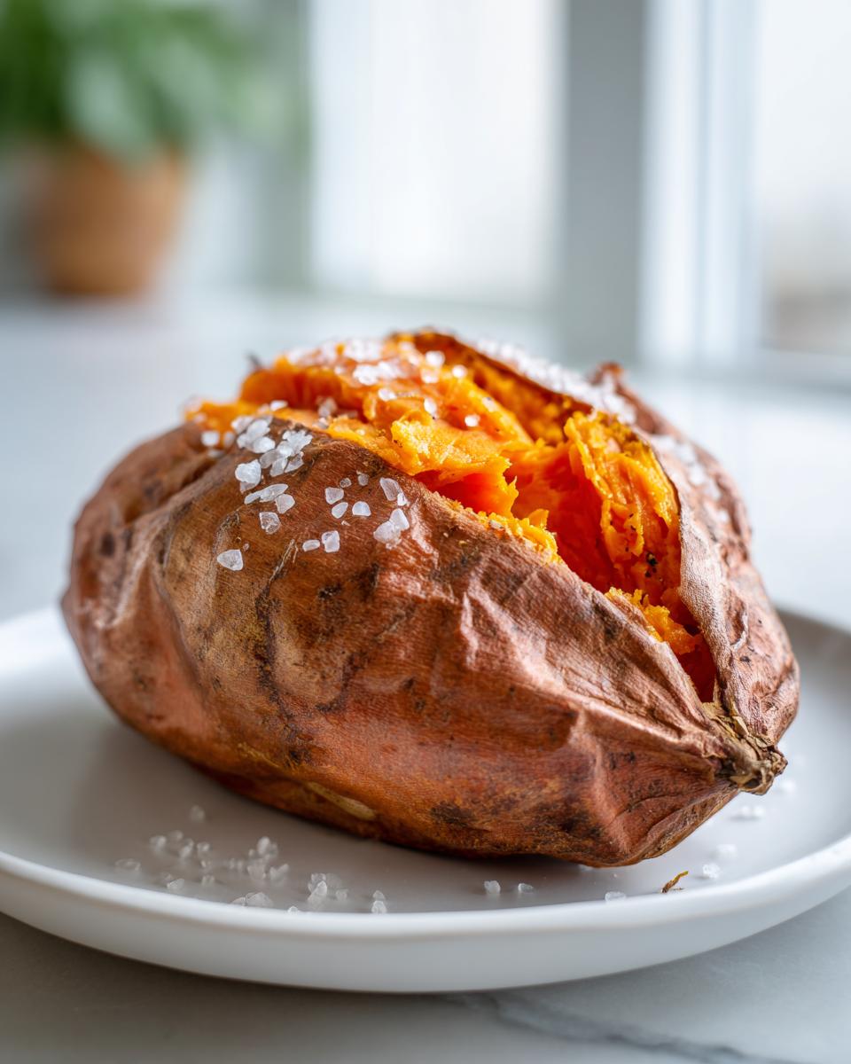 A close-up of a fluffy baked sweet potato, split open and sprinkled generously with coarse sea salt.